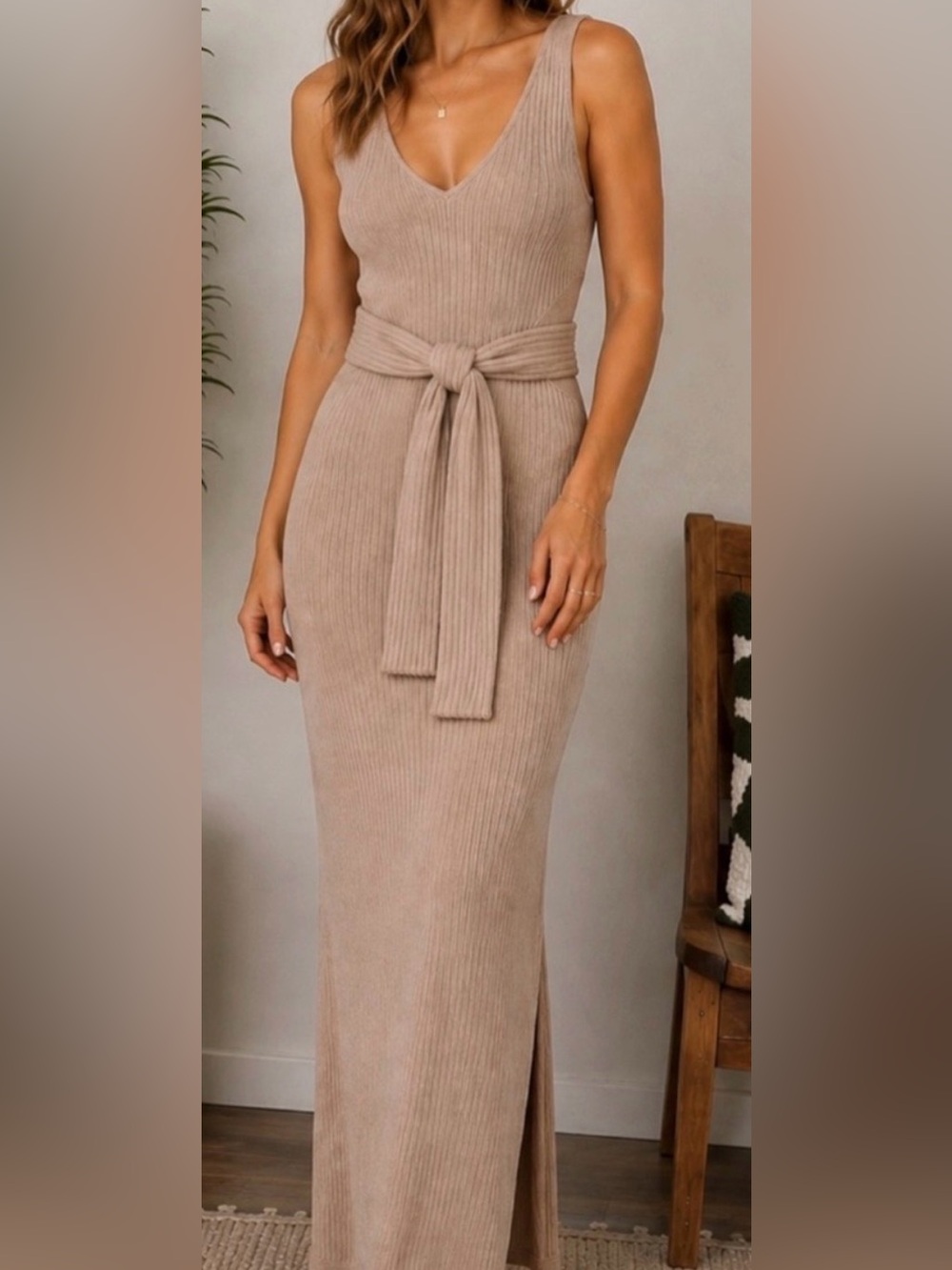 Good American Beige Ribbed Maxi Dress with Tie Waist